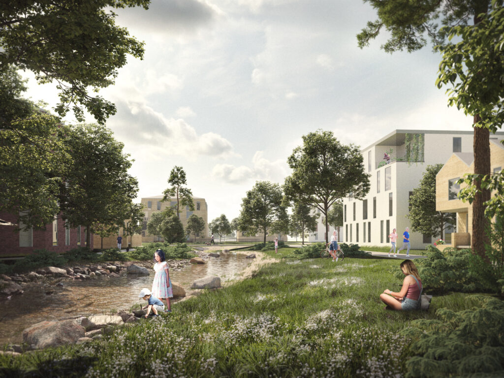 Observation picture of the general plan of the station area. A view of the future Jokikylä from the banks of the Vantaanjoki. People by the riverbed in the park.