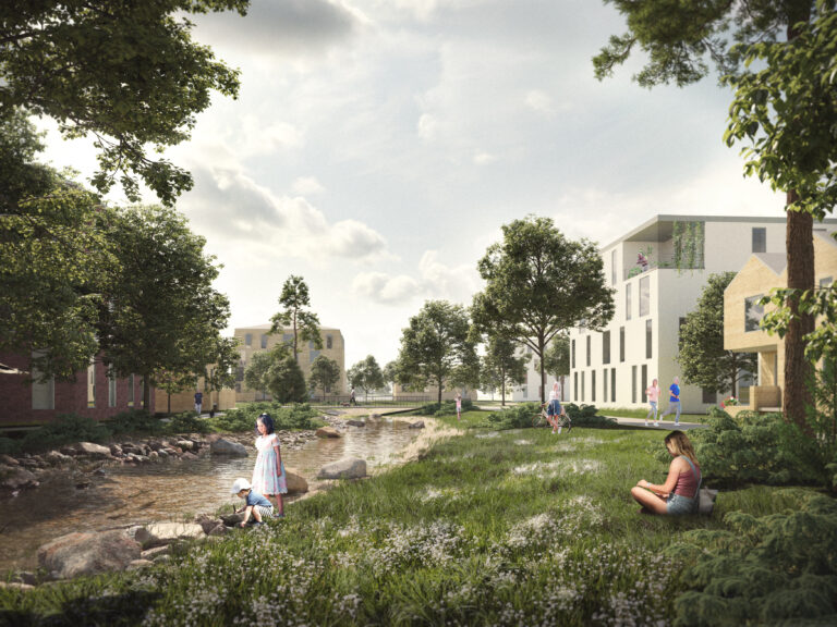 Observation picture of the general plan of the station area. A view of the future Jokikylä from the banks of the Vantaanjoki. People by the riverbed in the park.