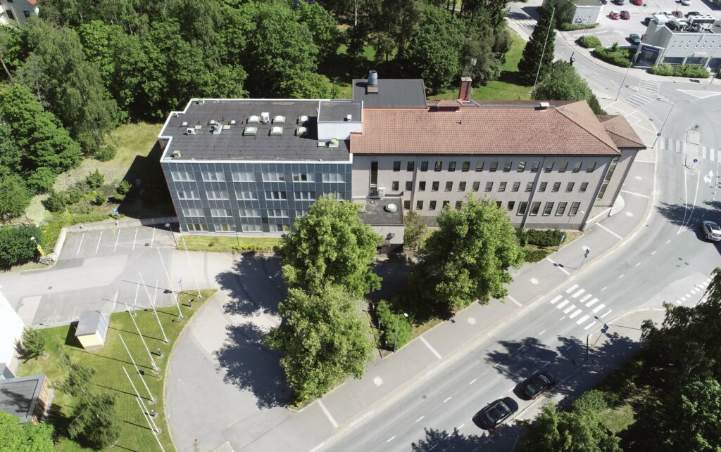 Oblique aerial view of the old town hall.