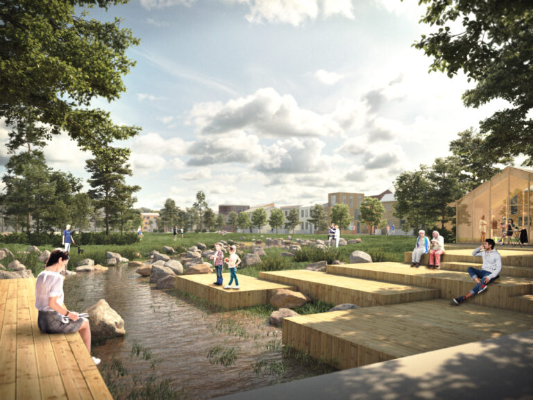 Observation picture of the general plan of the station area. Wooden docks and people in Peltosaari's storm water basin.