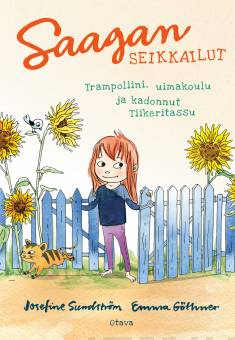 Kansikuva Josefine Sundströmin ja Emma Göthnerin kirjasta Saagan seikkailut: trampoliini, uimakoulu ja kadonnut Tiikeritassu.