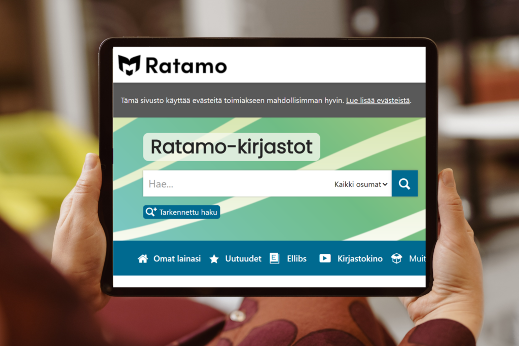 Ratamo-kirjastojen verkkokirjaston elusivu tabletin ruudulla.