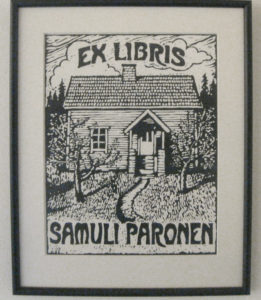 Kuvassa Juha Meurosen tekemä Samuli Parosen exlibris