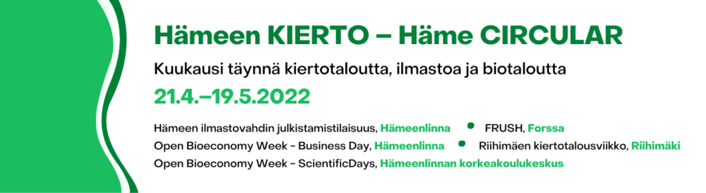 Graafinen kuva, jossa vihreän Hämeen KIERTO -tapahtumakuukauden logo ja tapahtumat ajankohtineen.