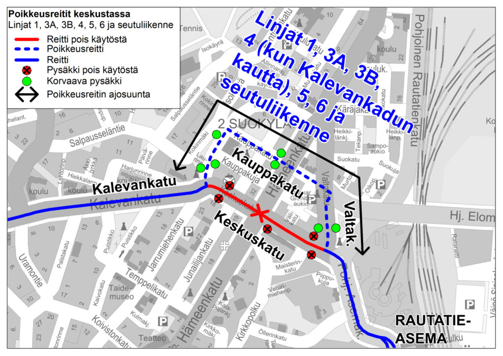 Linja-autojen poikkeusreitti kiertää Keskuskadun Valtakadun, Kauppakadun ja Valtakäyrän kautta.