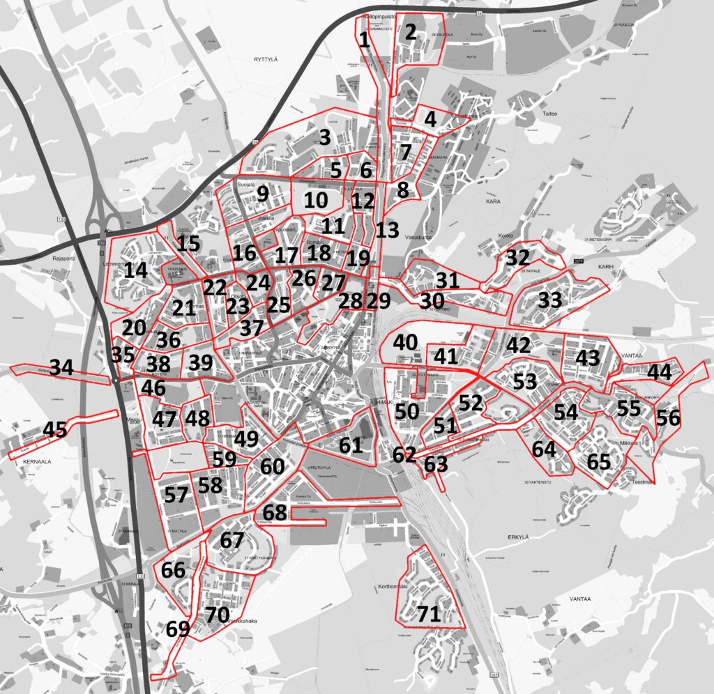Kartalla punaisia rajattuja siivousalueita Riihimäen kaupungin omistamilla alueilla.