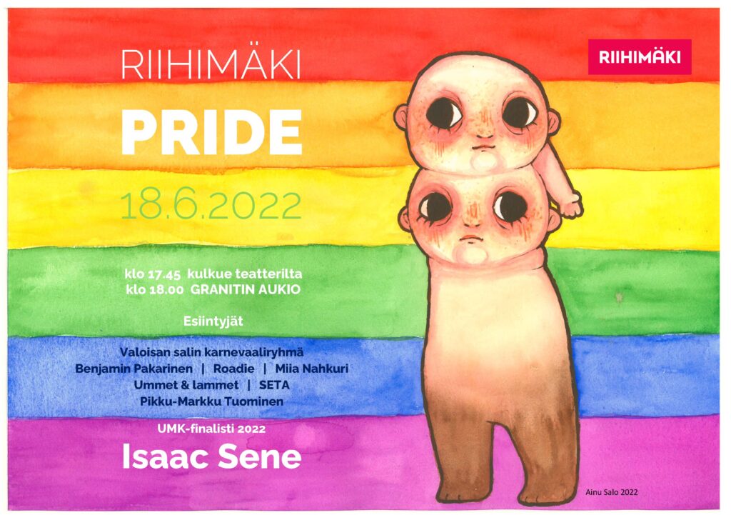 Tapahtuman juliste missä on sateenkaarivärit ja piirretty Eksynyt -patsas.