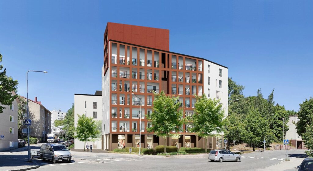 Observation picture: view from the intersection of Valtakakatu and Hämeenkatu towards the west. The taller 7-9-story one stands out from the rest of the environment clearly. The buildings delimit the street space in an urban way. building