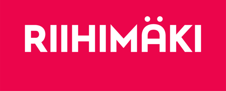 Riihimäki-logo, jossa punainen teksti ja valkoinen tausta.isella teksti Riihimäki.