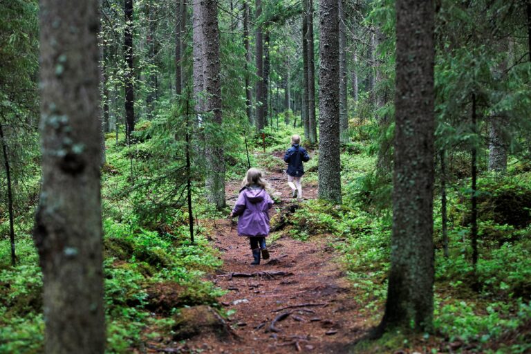 Two children run on a nature trail in the Vahteristo nature reserve.