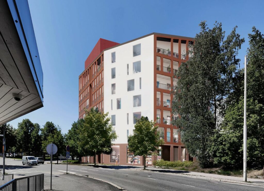 Observation picture: view from Hämeenkatu towards the south. Facade surfaces with different materials and colors give rhythm to the large building in such a way that it creates the impression of a smaller building. On the ground floor of the building on the Hämeenkatu side, there is a business space that enlivens the cityscape.