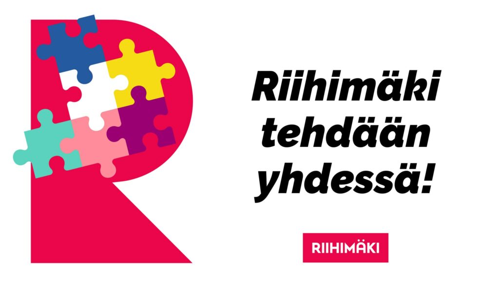 R-tunnus, jossa päällä erivärisiä palapelin palasia. Teksti Riihimäki tehdään yhdessä! Kaupungin punainen logo.