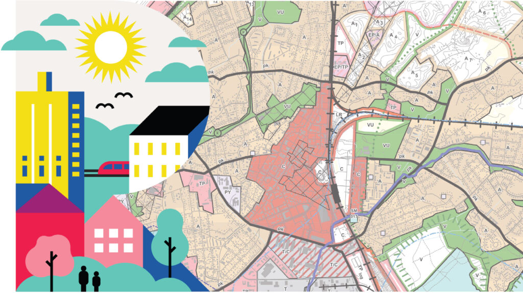 In the picture, Riihimäki's general plan 2050 R code and in the background an excerpt from the general plan map 2035.