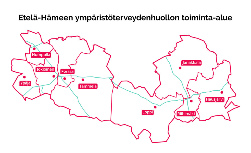 Karttakuva, jossa näkyy ympäristöterveydenhuollon toiminta-alue Riihimäki, Janakkala, Forssa, Ypäjä, Loppi, Hausjärvi, Jokioinen, Tammela, ja Humppila.