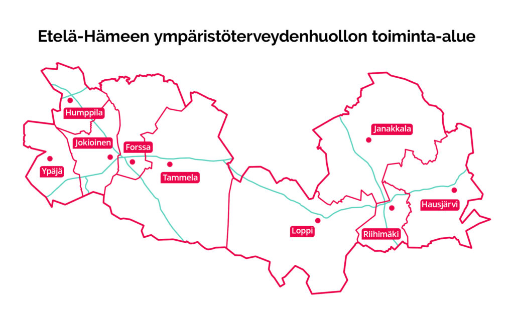 En karta som visar verksamhetsområdet för miljösjukvården Riihimäki, Janakkala, Forssa, Ypäjä, Loppi, Hausjärvi, Jockis , Tammela och Humppila.