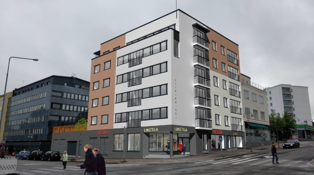 Observation photo, view from Puput corner to the south, towards the planning area. The new building continues the eave height of the 5-story buildings on Keskuskatu. The part of the building bordering Hämeenkatu is higher (6 floors), but with the facade architecture, it continues the eaves line of the Mäkelä house at the height of the fourth floor. At the corner of Keskuskatu and Hämeenkatu, the first floor of the building houses a lively business space.