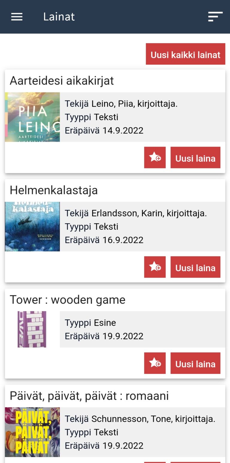 kuvassa mobiilikirjaston lainat-sivu