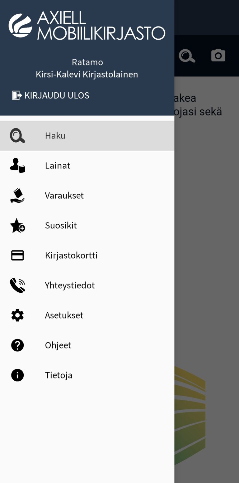 kuvassa mobiilikirjaston valikko-sivu