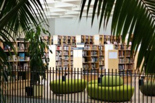 Kuvassa on kirjaston sali, jossa on kirjahyllyjä ja suuria viherkasveja.