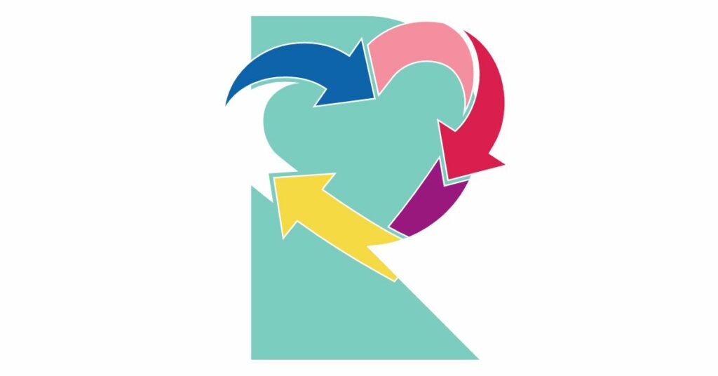 The letter R with different colored arrows in the shape of a heart