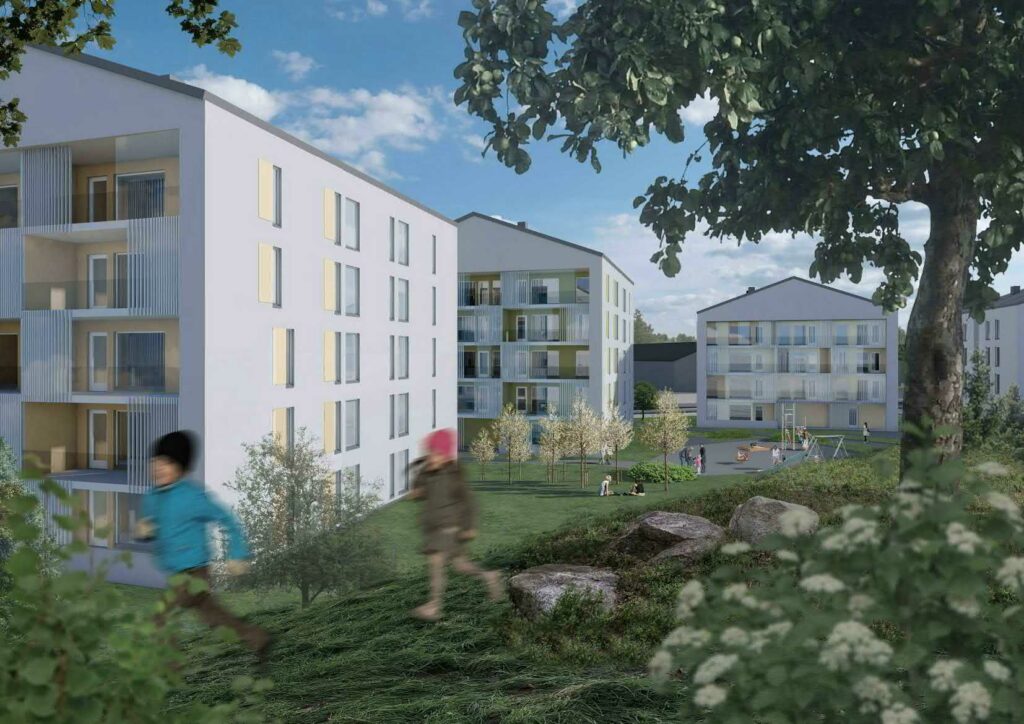 Observation picture, view from the hill of Piikinmäki park to the planning area. It's a sunny summer day, children are running in the foreground of the picture. Children and adults are playing on the playground in front of the new 4- and 5-story gabled residential buildings. The picture has a green atmosphere.