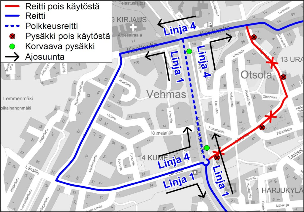 Kartta, jossa osoitetaan linjojen poikkeusreitit.