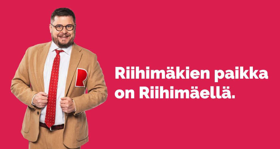 On a red background, a person in the foreground and the text "The place of Riihimäkien is in Riihimäki."