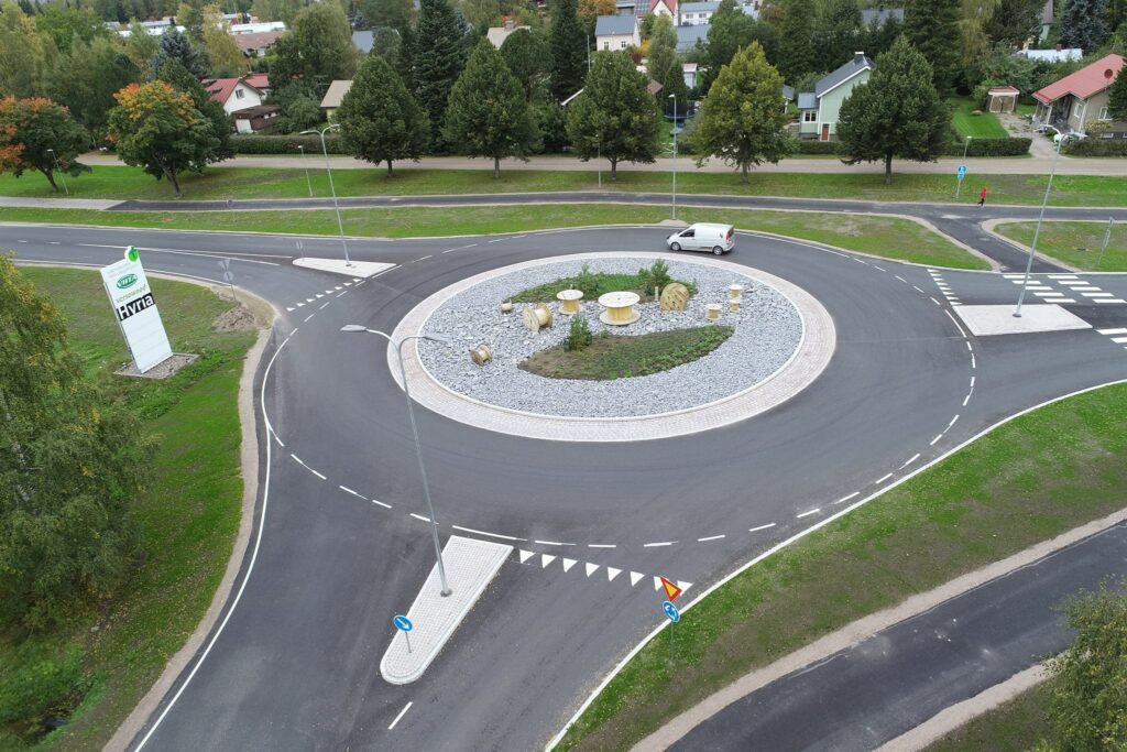 Flygbild över rondellen vid Etelan Viertotie och Teollisuuskatu.