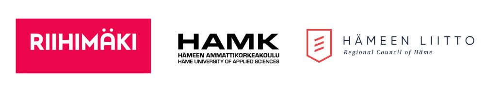 Riihimäen kaupungin punavalkoinen logo, HAMK:n logo sekä Hämeen liiton logo.