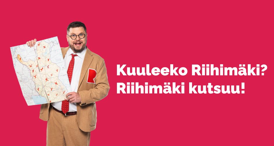 Henkilö, jolla on kartta kädessään. Kartassa on punaisia rukseja. Teksti: Kuuleeko Riihimäki, Riihimäki kutsuu!