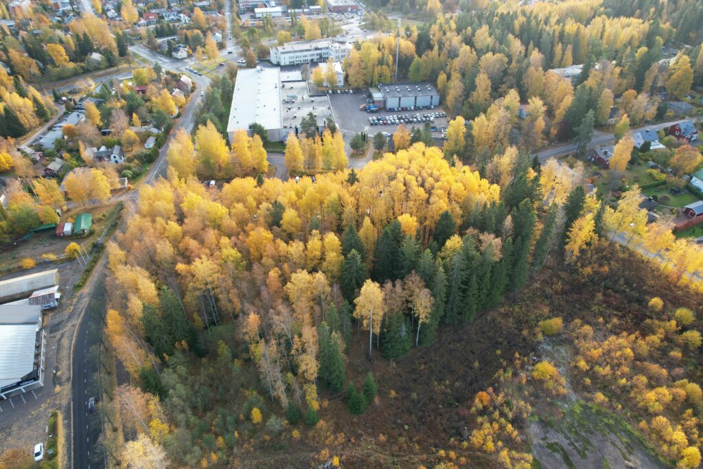 Oblique aerial view of the area owned by Sako. In the picture, a wooded area in the foreground and Sako Oy's factory area can be seen in the background.