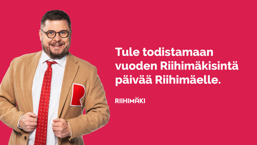 Riihimäen virallinen Sisäänheittäjä, Janne Kataja kuvassa etualalla. Lisäksi teksti "Tule todistamaan vuoren Riihimäkisintä päivää Riihimäelle".