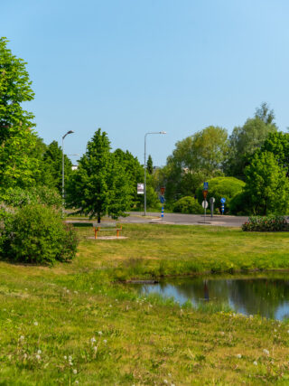 Kastanjapuiston nurmialueen on penkkejä ja nurmialueen keskellä lampi.