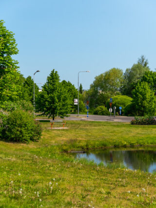 Gräsområdet i Kastanjapuisto har bänkar och en damm i mitten av gräsytan.