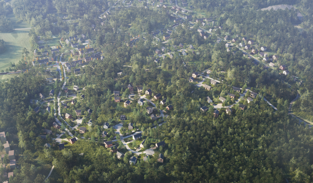 Observation picture: View from northeast to southwest over the new residential area of ​​Kokonharju, when the area is built. On the left side is the residential area of ​​Metsäkorvi and on the right you can see Hiihtomajantie. The area is wooded and hilly. The tree is in full leaf.