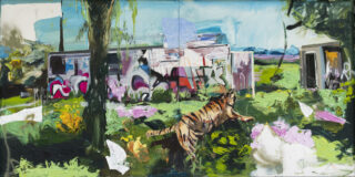 A colorful piece with green nature and a tiger in the foreground. Behind buildings with graffiti.