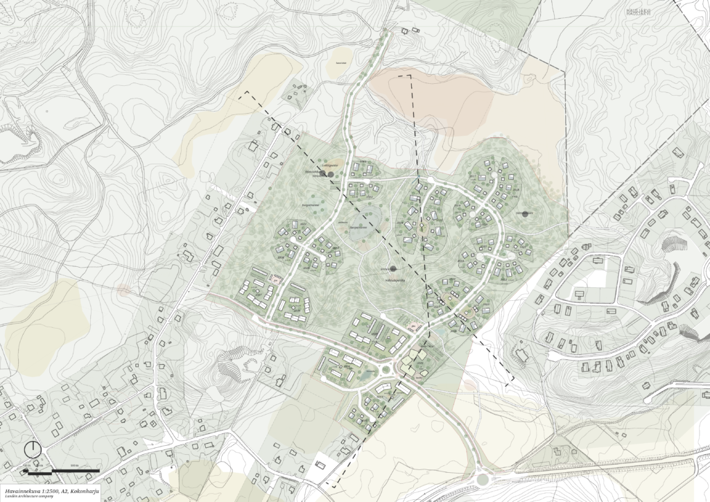 Visual image: New construction made possible by the Kokonharju site plan proposal, land use principles, street network, recreation areas and connections. Photo: Lundén Architecture Company.