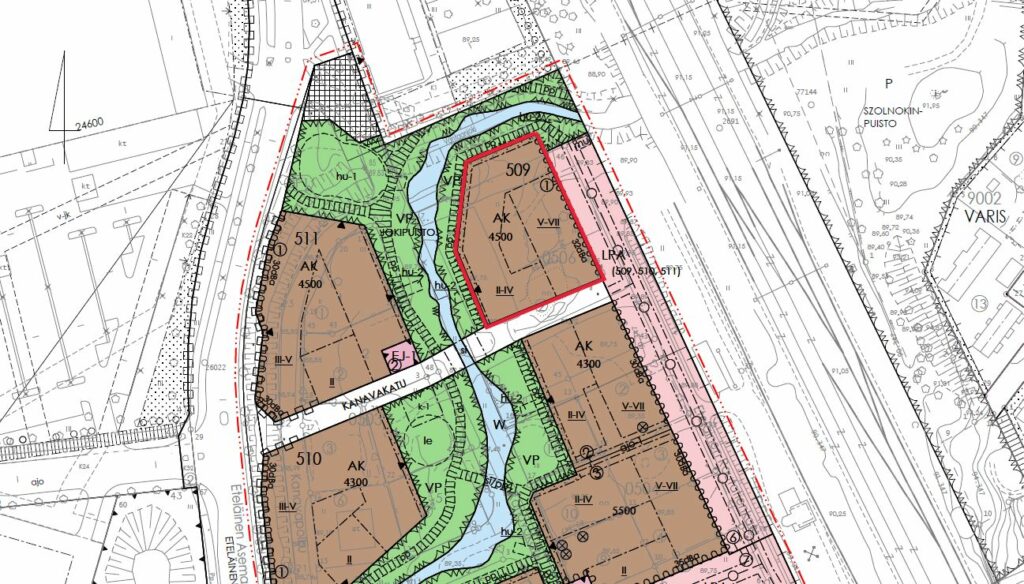 I områdesplanen för bostadsområdet Jokikylä är planområdet för marköverlåtelsetävlingen avgränsat med rött.