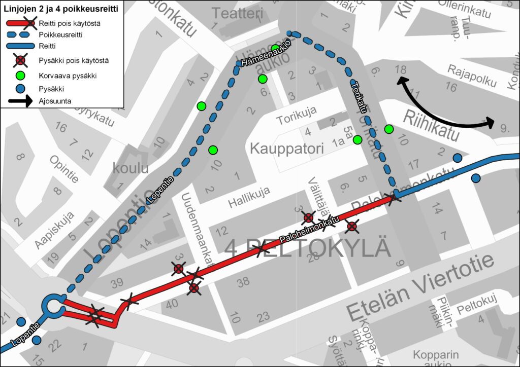 Karta över omvägarna för linje 2 och 4 i Peltokylä