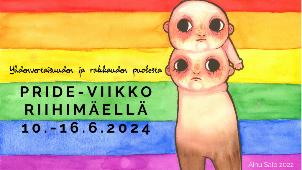 Sateenkaaren värit, Eksynyt-patsas ja teksti Pride-viikko Riihimäellä 10.-16-6.2024.