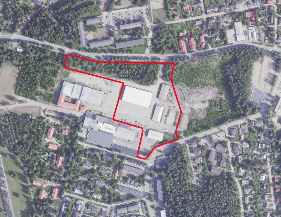 Lasitehtaantie 12-20 asemakaava-alueen rajaus ortoilmakuvassa.