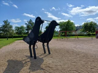 Kuva Riihimäen Myllypuistosta. Kuvassa etualalla Gritbird-ulkokuntoilulaite.
