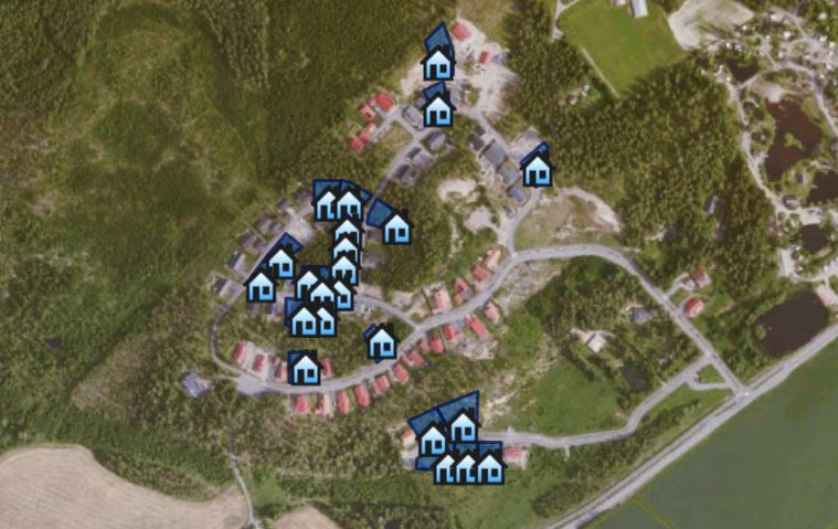 Kartta Metsäkorven tonttien sijainnista. Ilmakuva ylhäältä, jossa näkyy metsää ja Metsäkorven kadut, joissa on vapaita tontteja myynnissä.