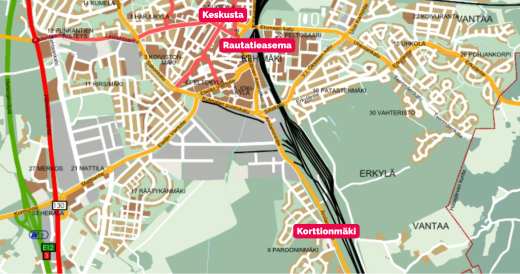 Karttakuva Riihimäestä, johon on merkitty Riihimäen Rautatieasema, keskusta sekä Korttionmäen asuinalue.