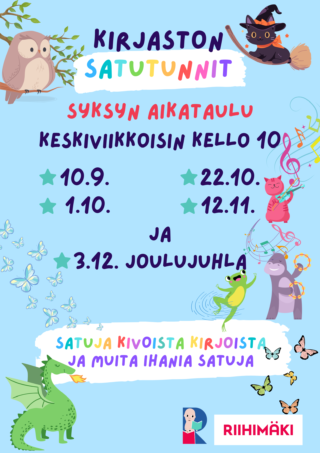 Kirjaston avoimien satutuntien aikataulu syksylle 2025