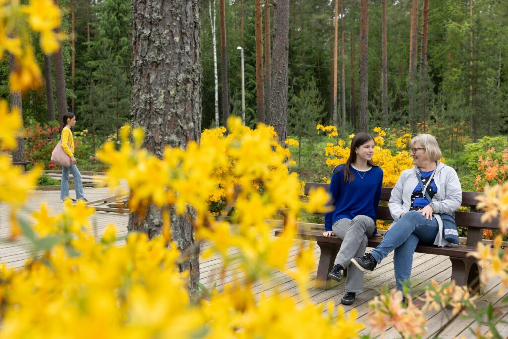 Puistossa keltaisten kukkien takana istumassa nuori tyttö ja vanhempi nainen puiston penkillä yhdessä.