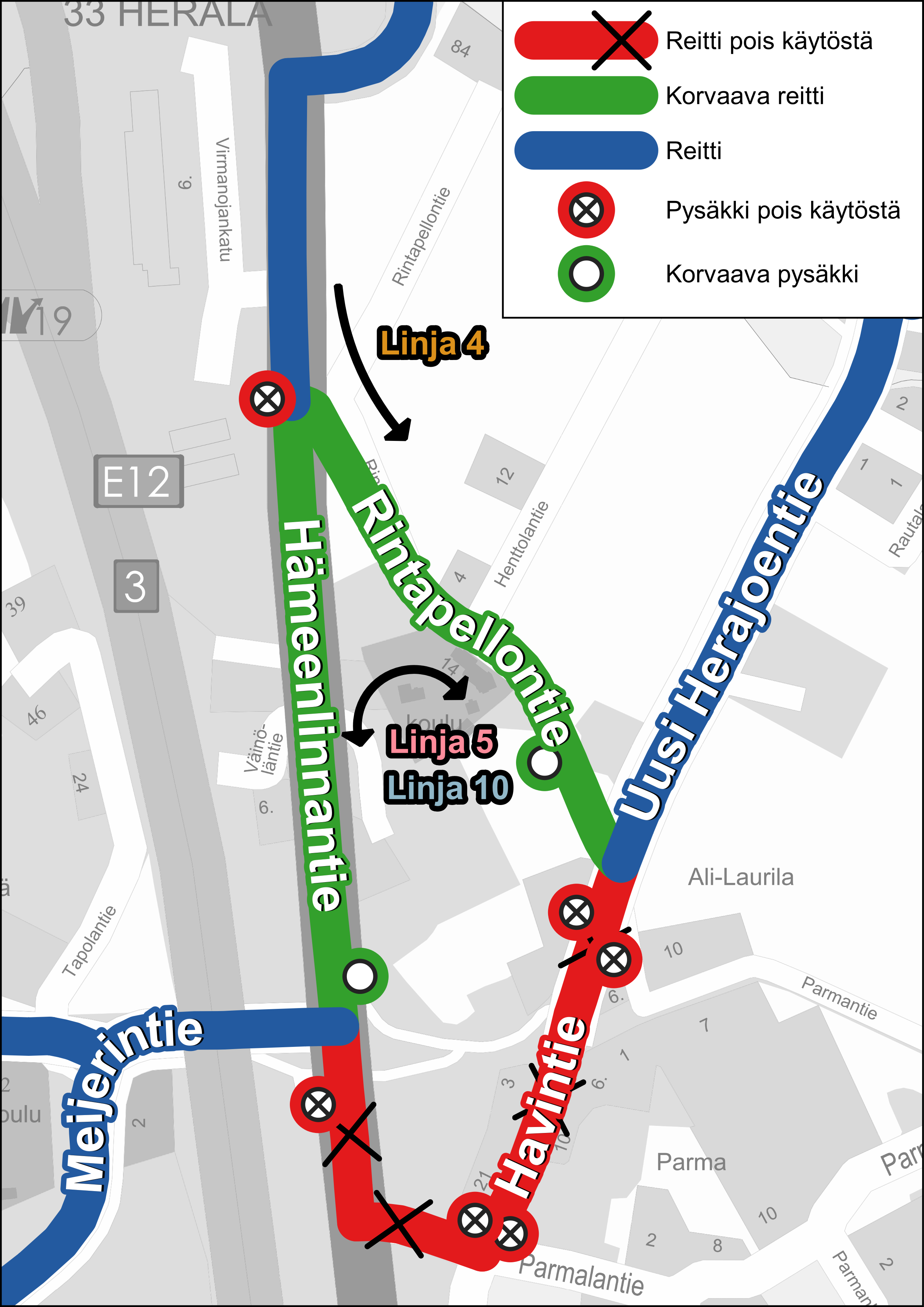 Kuva Havintien poikkeusreitistä