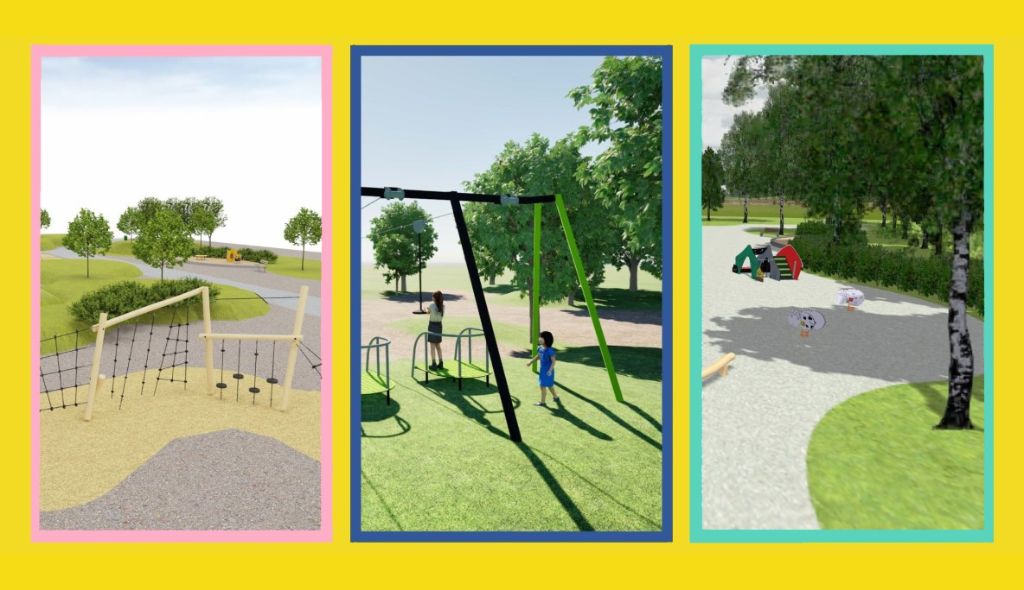 Kolmen eri leikkipuiston havainnekuvat hieman erilaisine leikkikalusteineen.