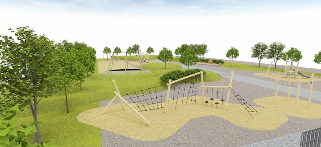 Havainnekuvassa leikkikenttä, jossa puurakenteisia kiipeily- ja leikkivälineitä.