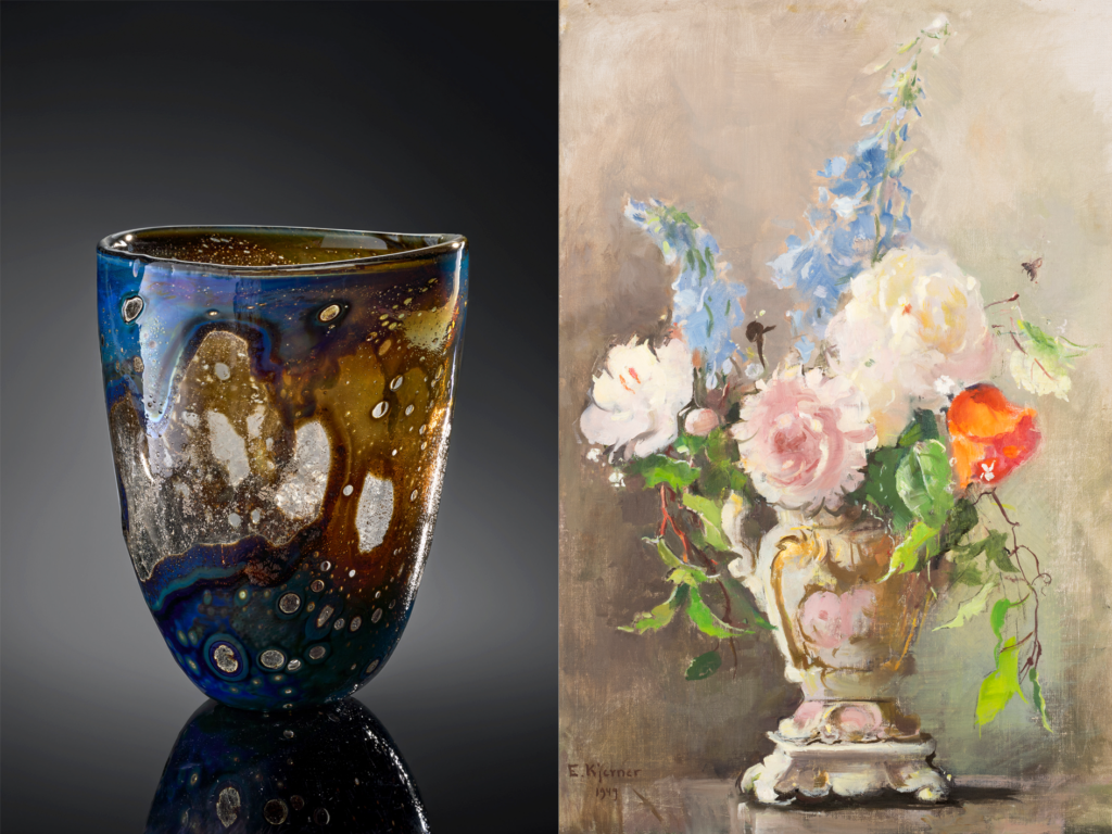 Heikki Orvolan keramiikkaa sekä Esther Kjernerin teos ölyväriteos Kukka-astelma.